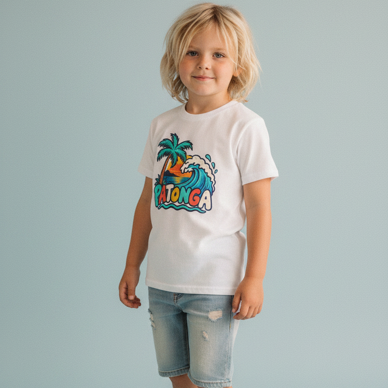 Patonga Beach Tee for kids — palm tree, wave and sunset front print on white, worn by a child