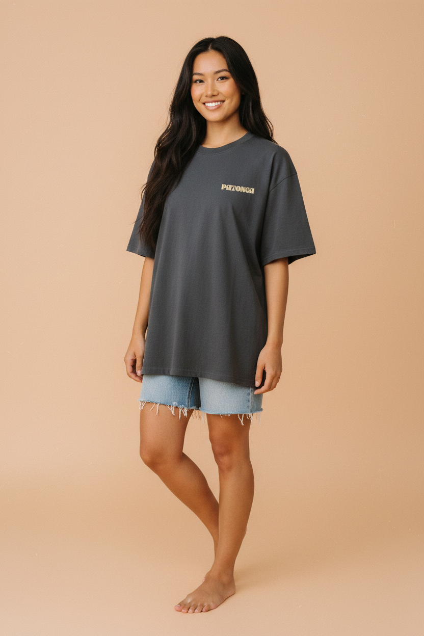 Long Way Round tee — front view with small PATONGA chest mark in orange, worn by a model
