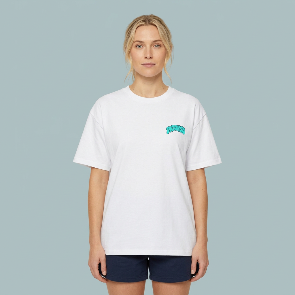Blonde woman modelling the front of the white Wave tee