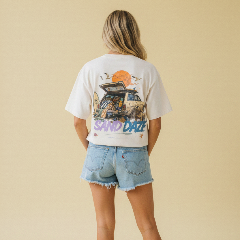 Sand Daze tee — loaded 4WD under the sun back print on faded bone, worn by a model