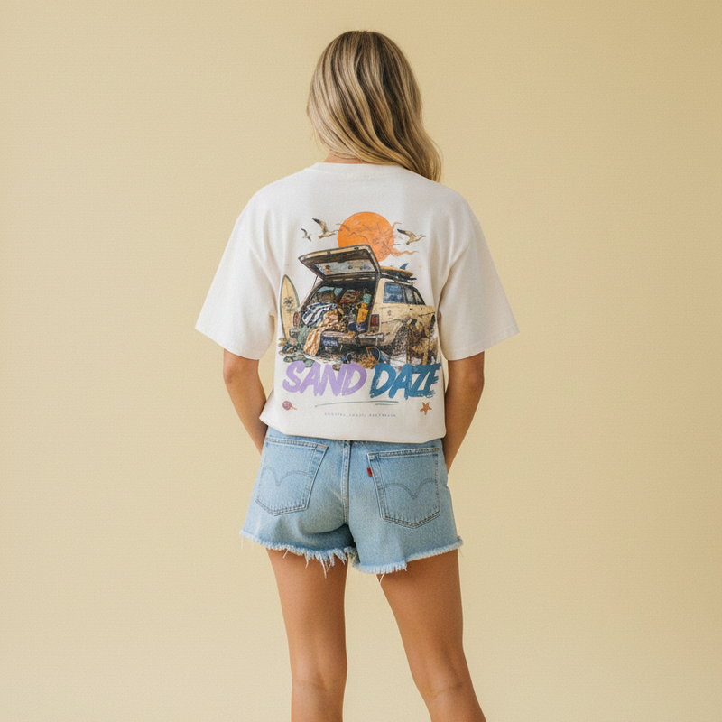 Sand Daze tee — loaded 4WD under the sun back print on faded bone, worn by a model