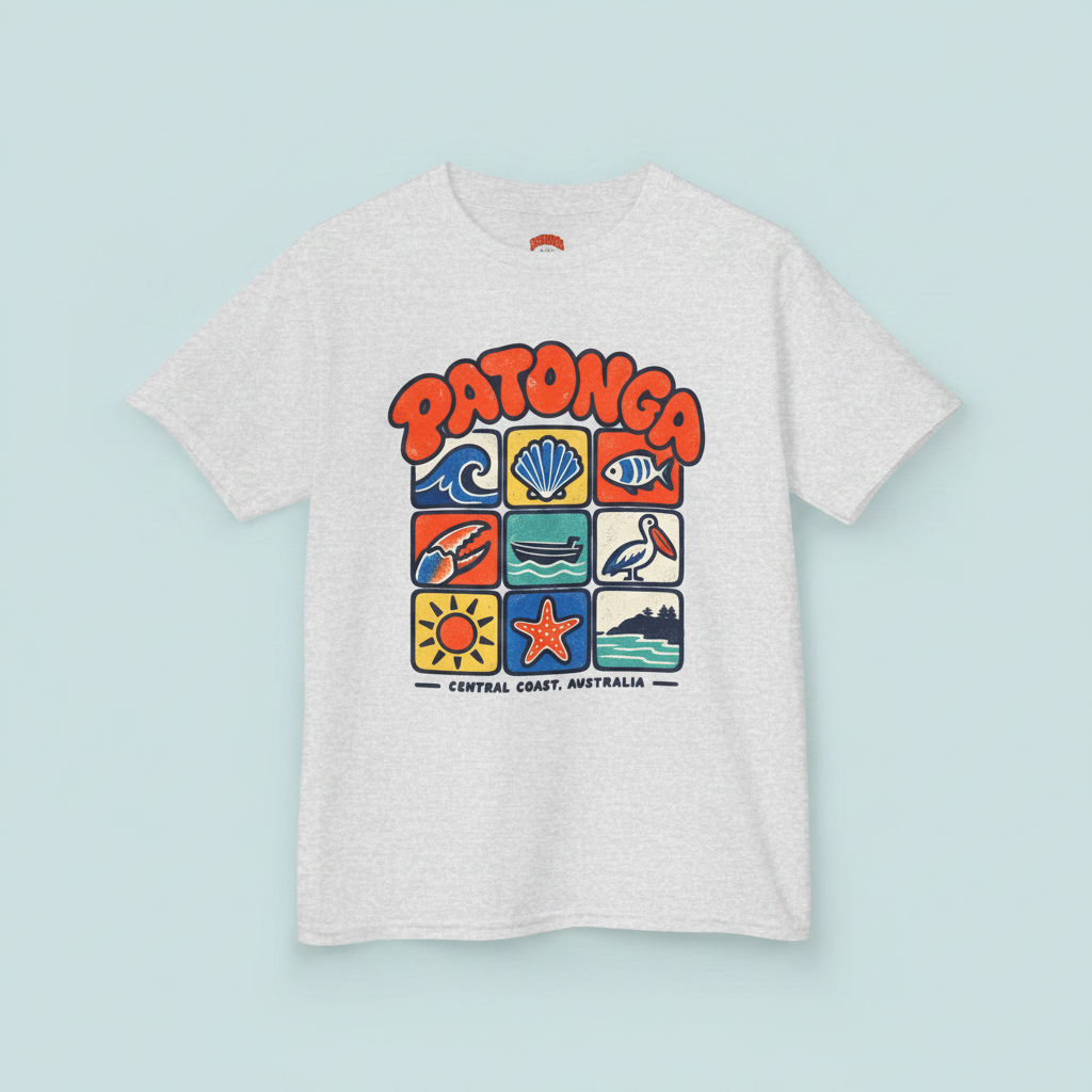 Patonga Icons Tee for kids — flat lay of the icons chest print on ash grey