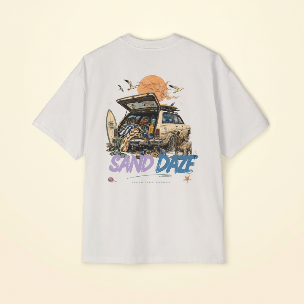 Sand Daze tee — flat lay of the 4WD back print in yellow