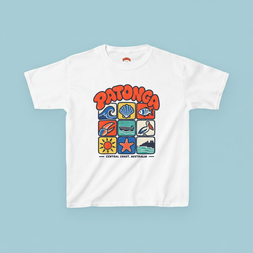 Patonga Icons Tee for kids — flat lay of the icons chest print on white