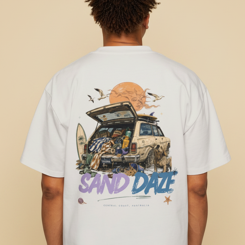 Sand Daze tee — 4WD back print in yellow on faded bone, worn by a model