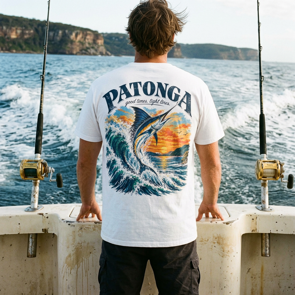 Marlin tee mockup at the transom of a game-fishing boat