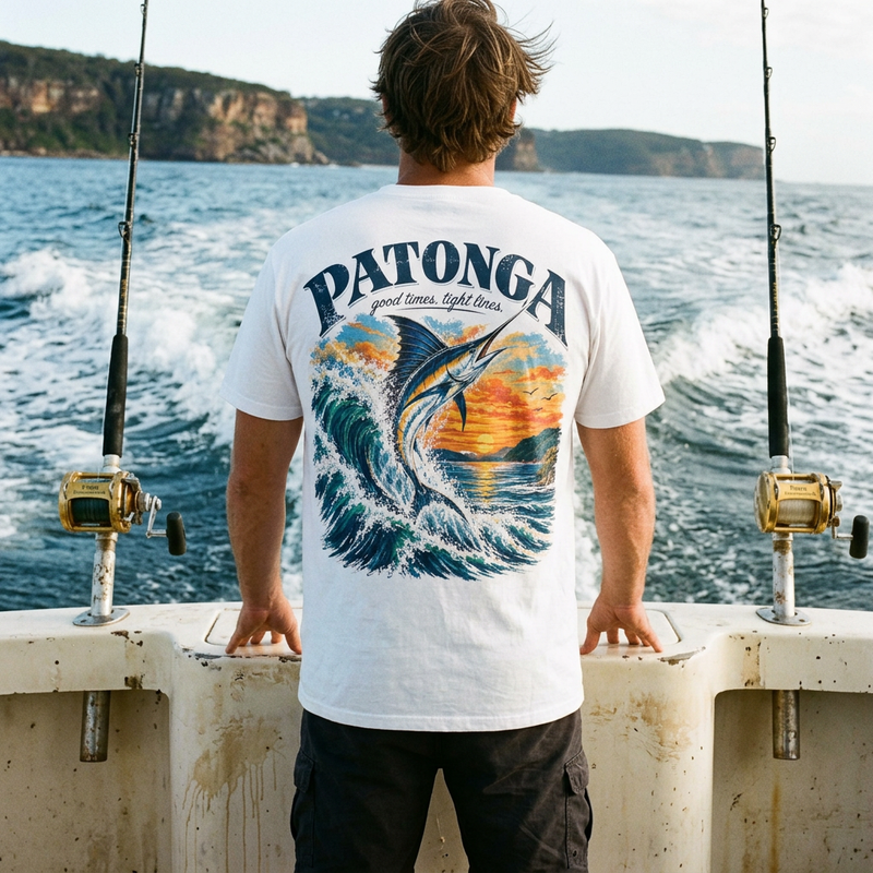 Marlin tee mockup at the transom of a game-fishing boat