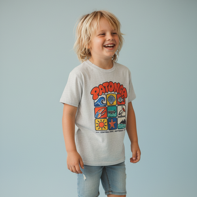Patonga Icons Tee for kids — nine Central Coast icons chest print on ash grey, worn by a child