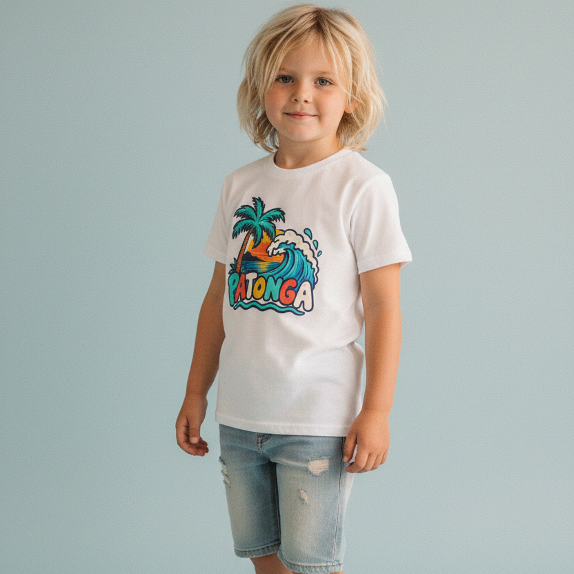 Patonga Beach Tee for kids — palm tree, wave and sunset front print on white, worn by a child