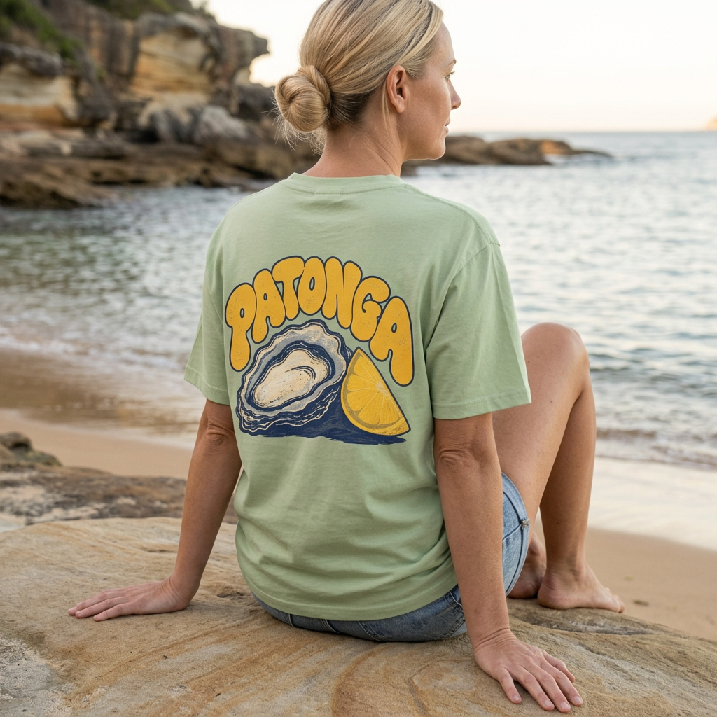 Pistachio Oyster & Lemon, seated beach pose