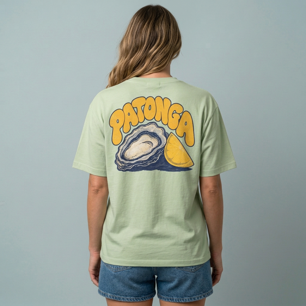 Pistachio Oyster & Lemon tee, back on long wavy-haired model