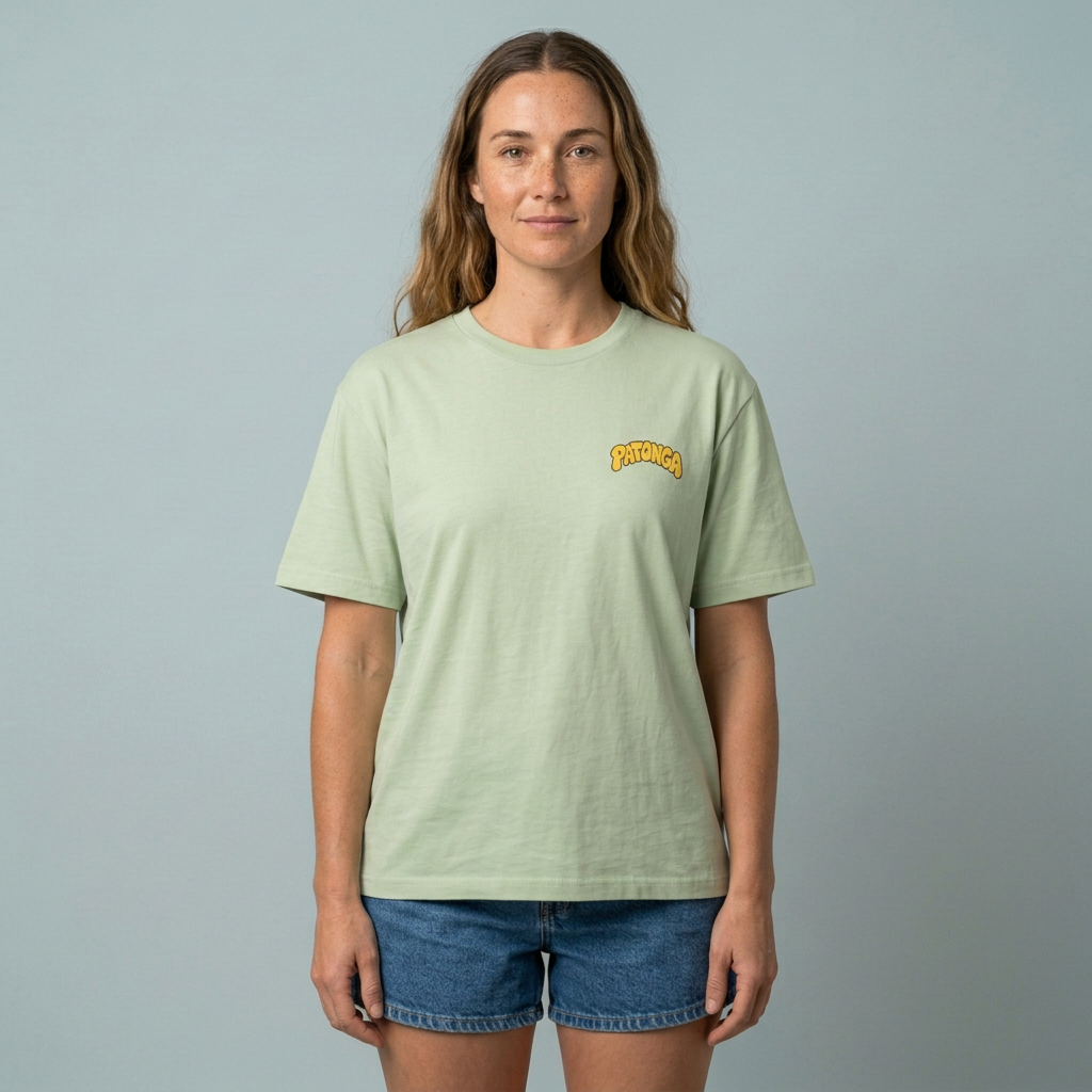Pistachio Oyster & Lemon tee, front on long wavy-haired model