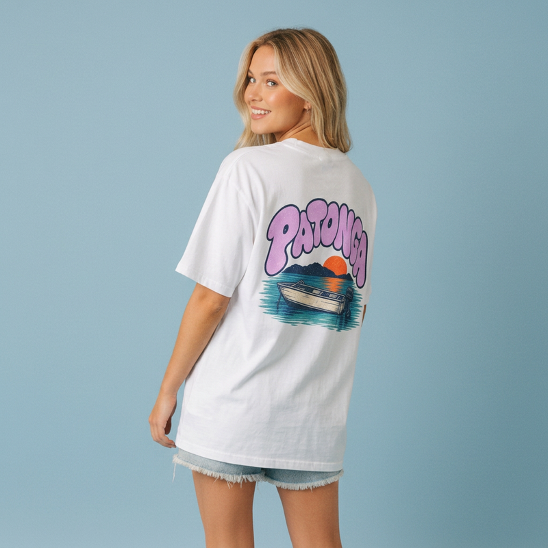White Tinny Sunset tee back mockup, square