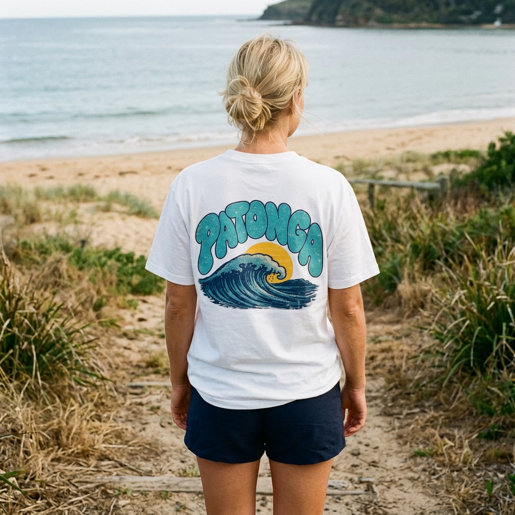 Woman wearing the Wave tee on a coastal beach track